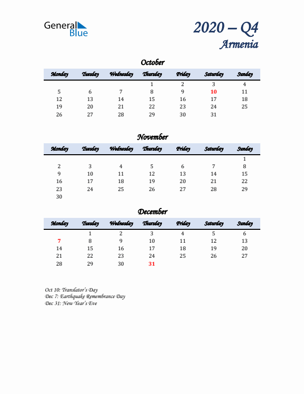 October, November, and December Calendar for Armenia with Monday Start