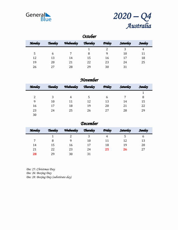 October, November, and December Calendar for Australia with Monday Start