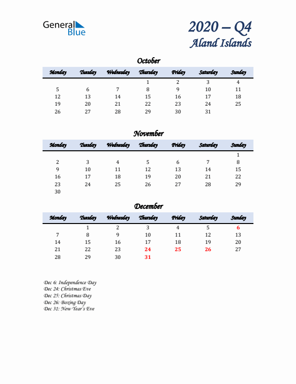 October, November, and December Calendar for Aland Islands with Monday Start