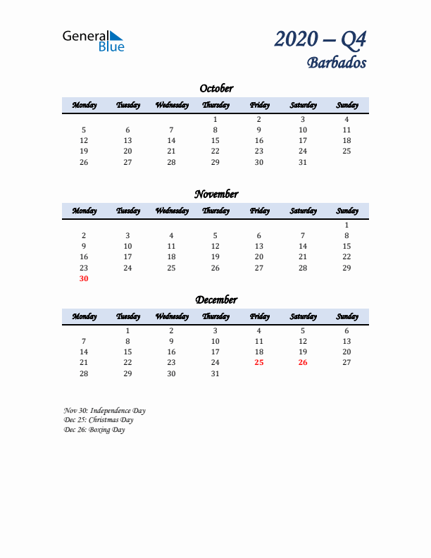 October, November, and December Calendar for Barbados with Monday Start