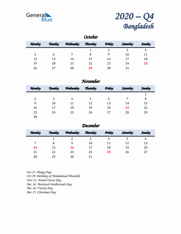 October, November, and December Calendar for Bangladesh with Monday Start