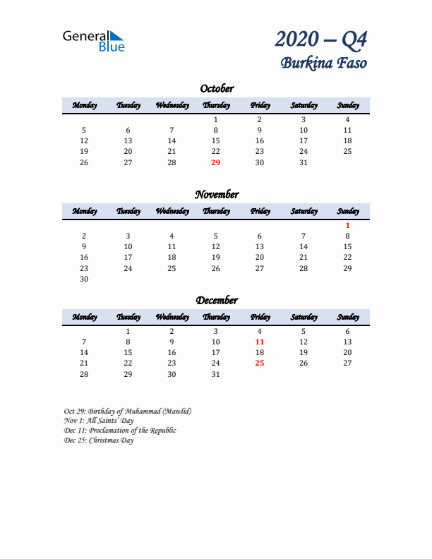 October, November, and December Calendar for Burkina Faso with Monday Start