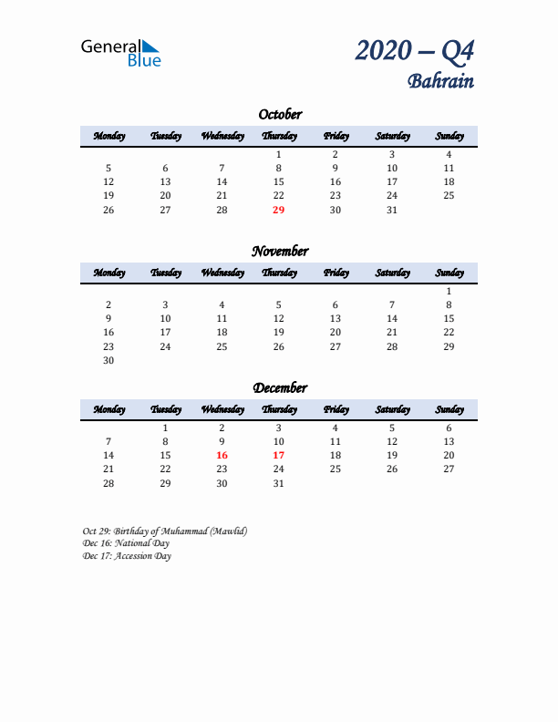 October, November, and December Calendar for Bahrain with Monday Start