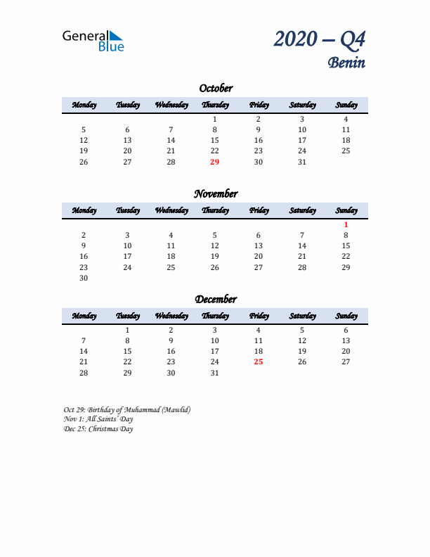 October, November, and December Calendar for Benin with Monday Start