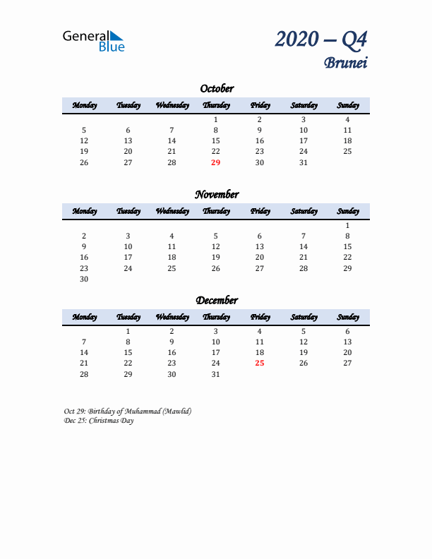 October, November, and December Calendar for Brunei with Monday Start