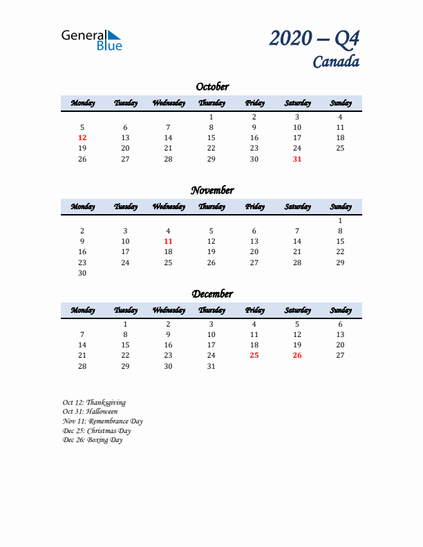 October, November, and December Calendar for Canada with Monday Start