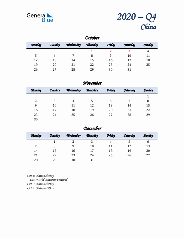 October, November, and December Calendar for China with Monday Start