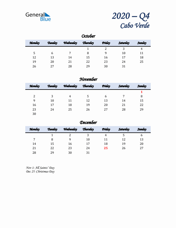 October, November, and December Calendar for Cabo Verde with Monday Start