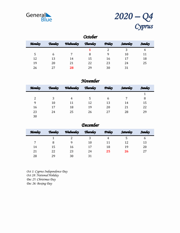 October, November, and December Calendar for Cyprus with Monday Start