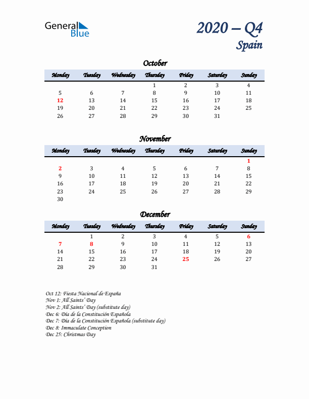 October, November, and December Calendar for Spain with Monday Start