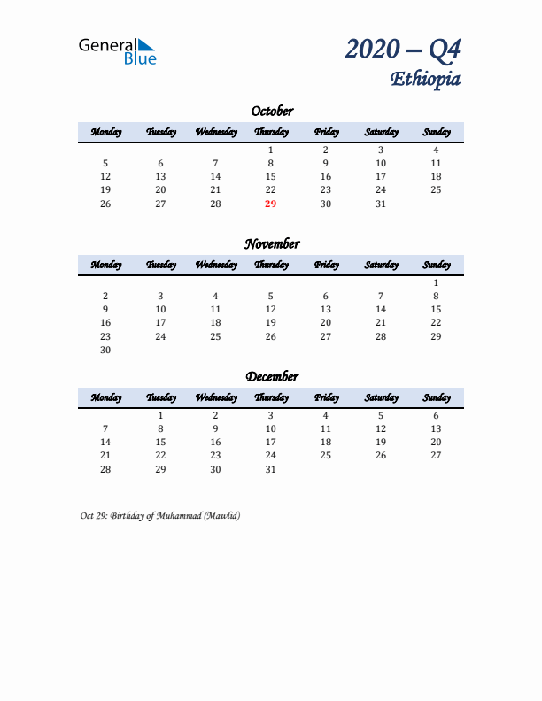 October, November, and December Calendar for Ethiopia with Monday Start