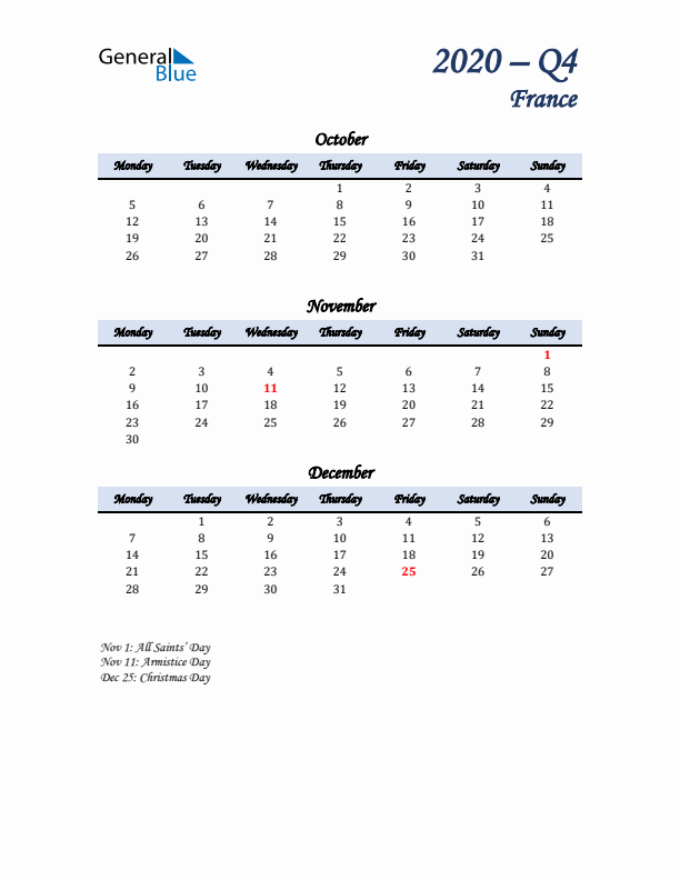 October, November, and December Calendar for France with Monday Start