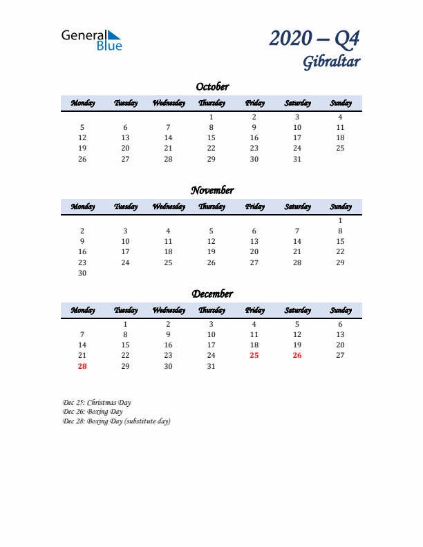 October, November, and December Calendar for Gibraltar with Monday Start