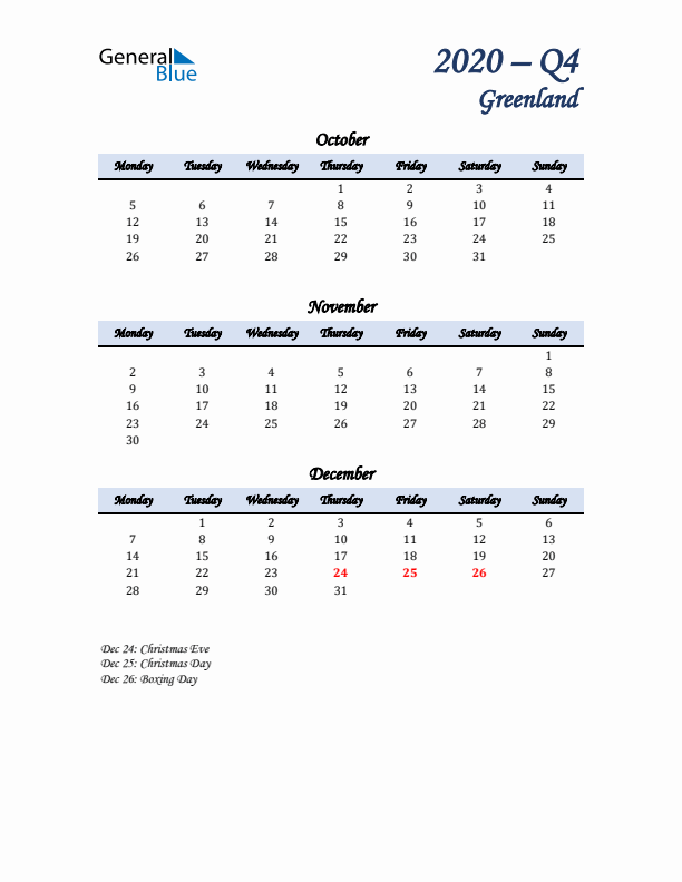 October, November, and December Calendar for Greenland with Monday Start