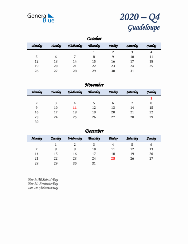 October, November, and December Calendar for Guadeloupe with Monday Start