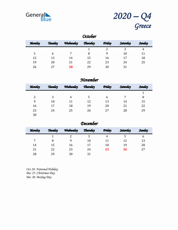 October, November, and December Calendar for Greece with Monday Start