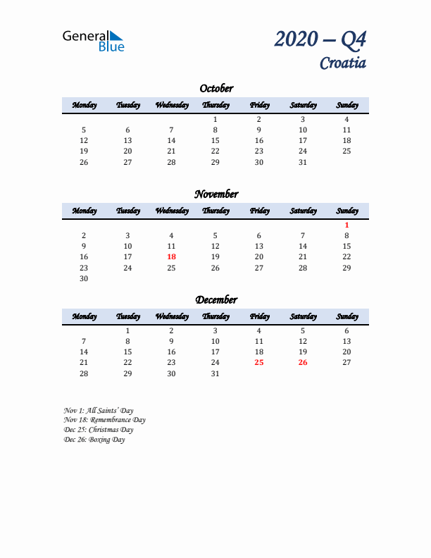 October, November, and December Calendar for Croatia with Monday Start