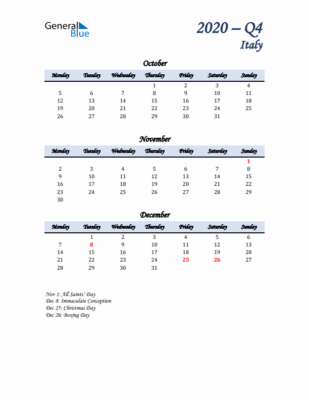 October, November, and December Calendar for Italy with Monday Start