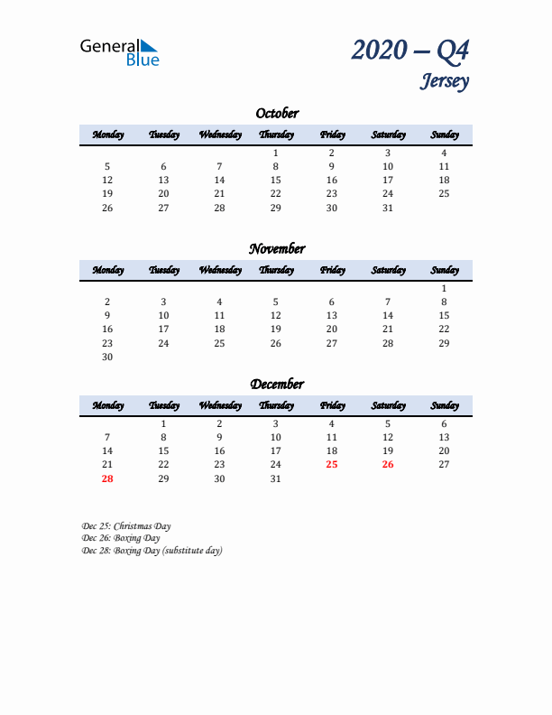 October, November, and December Calendar for Jersey with Monday Start