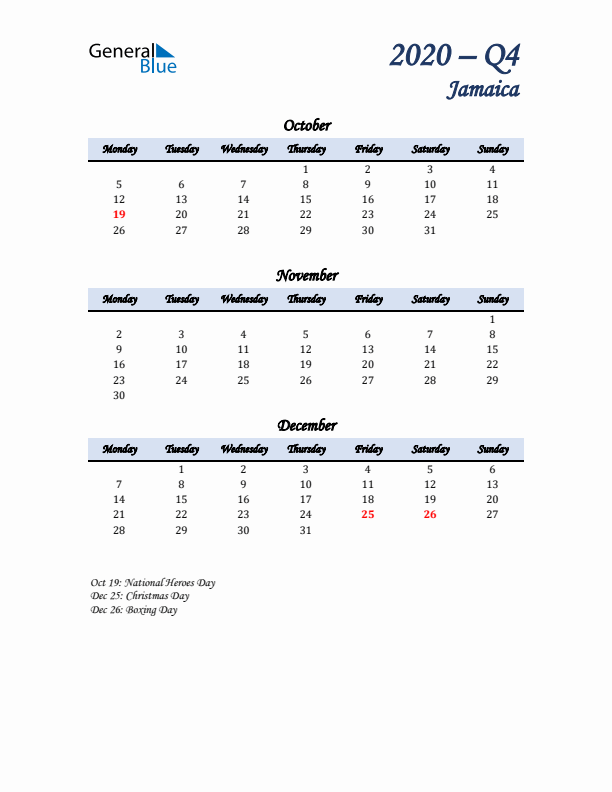 October, November, and December Calendar for Jamaica with Monday Start