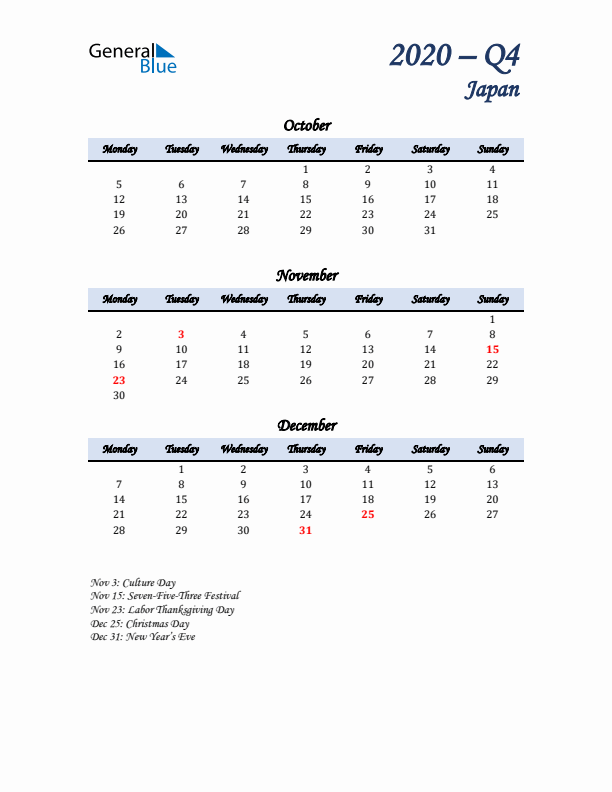 October, November, and December Calendar for Japan with Monday Start