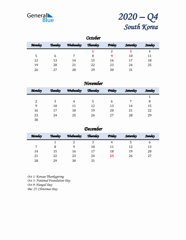 October, November, and December Calendar for South Korea with Monday Start