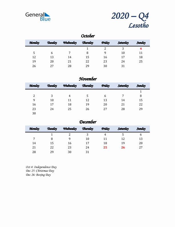 October, November, and December Calendar for Lesotho with Monday Start