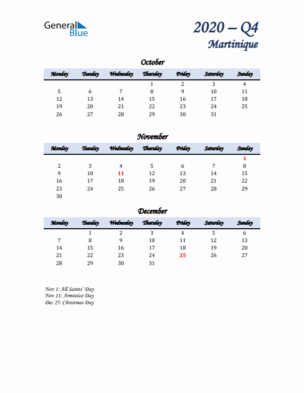 October, November, and December Calendar for Martinique with Monday Start