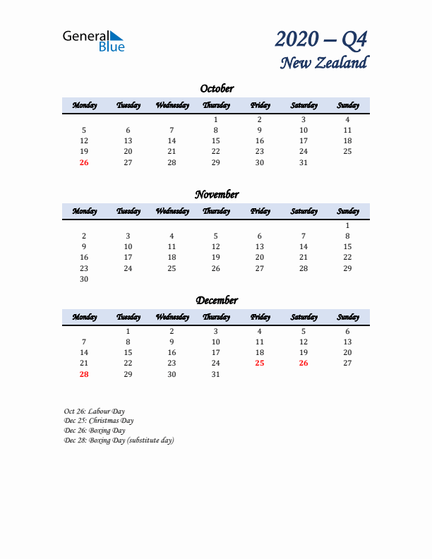 October, November, and December Calendar for New Zealand with Monday Start