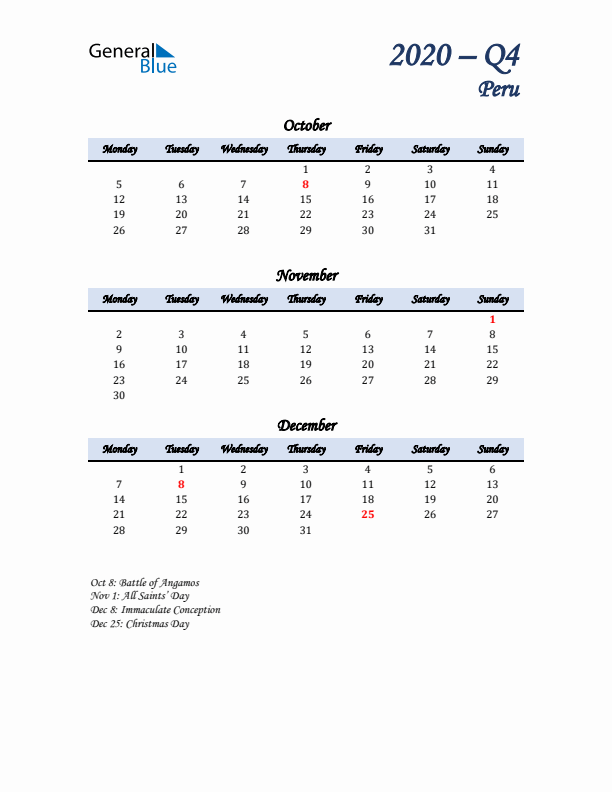 October, November, and December Calendar for Peru with Monday Start