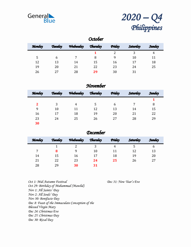 October, November, and December Calendar for Philippines with Monday Start