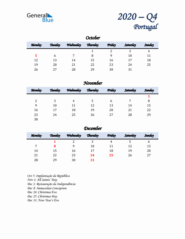 October, November, and December Calendar for Portugal with Monday Start