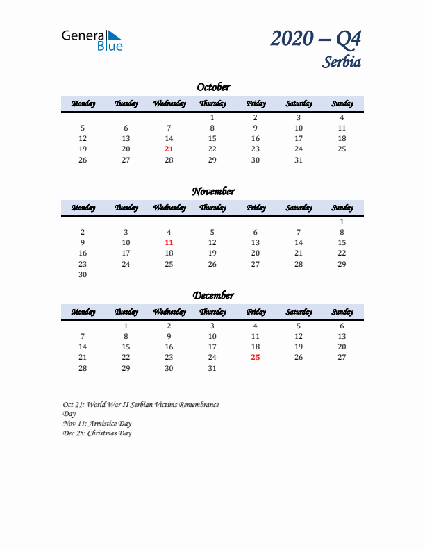 October, November, and December Calendar for Serbia with Monday Start