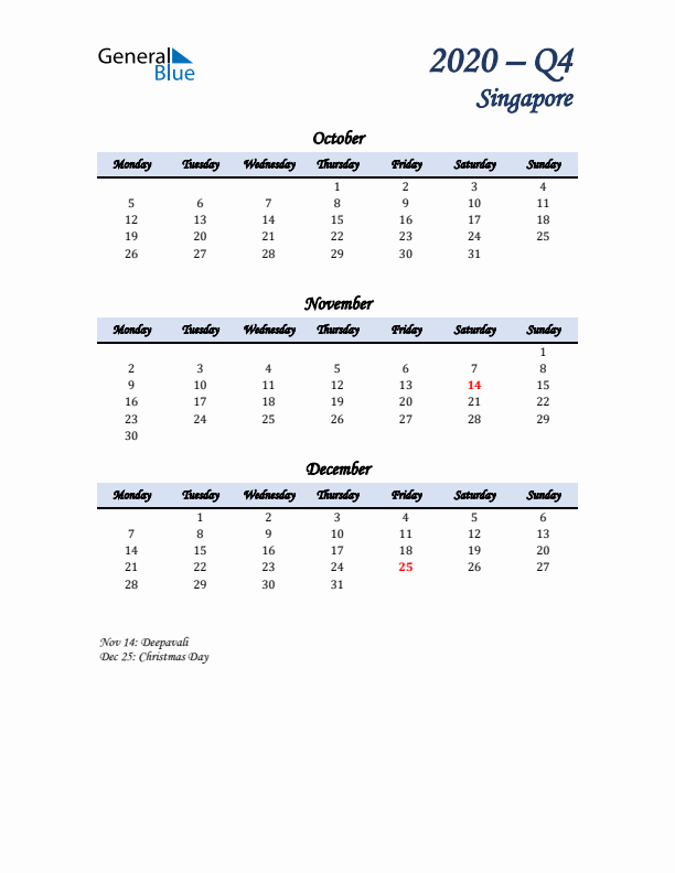 October, November, and December Calendar for Singapore with Monday Start