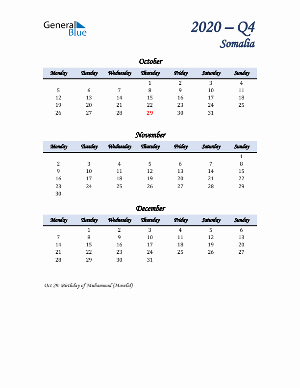 October, November, and December Calendar for Somalia with Monday Start