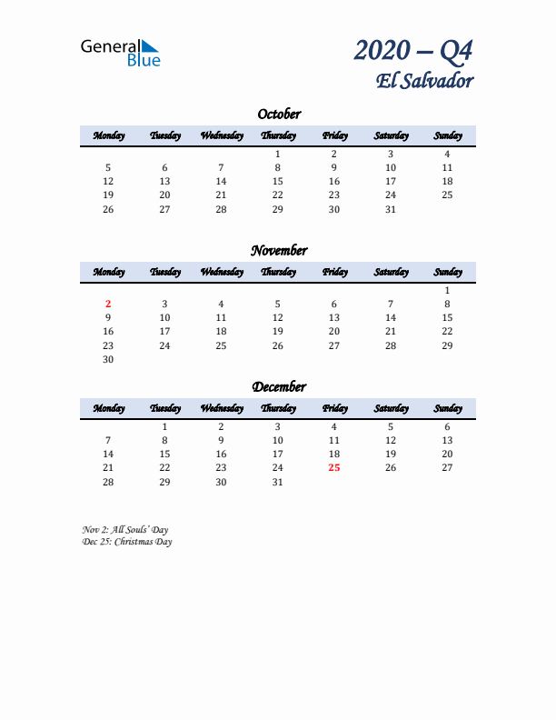 October, November, and December Calendar for El Salvador with Monday Start