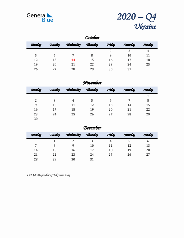 October, November, and December Calendar for Ukraine with Monday Start