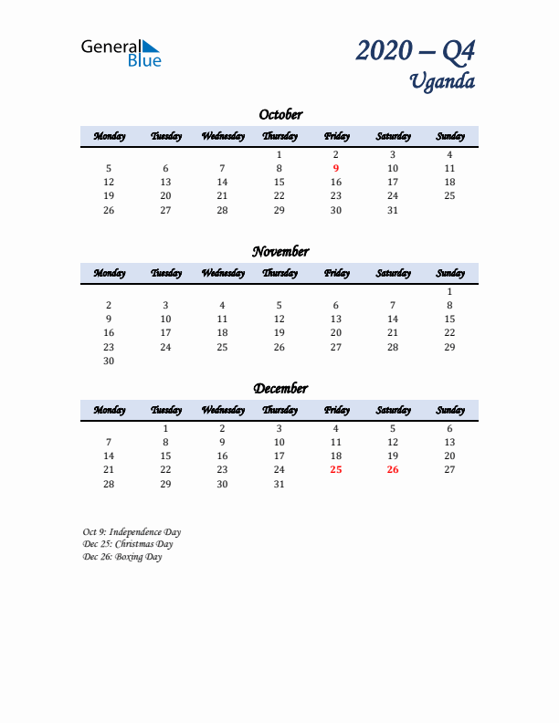 October, November, and December Calendar for Uganda with Monday Start