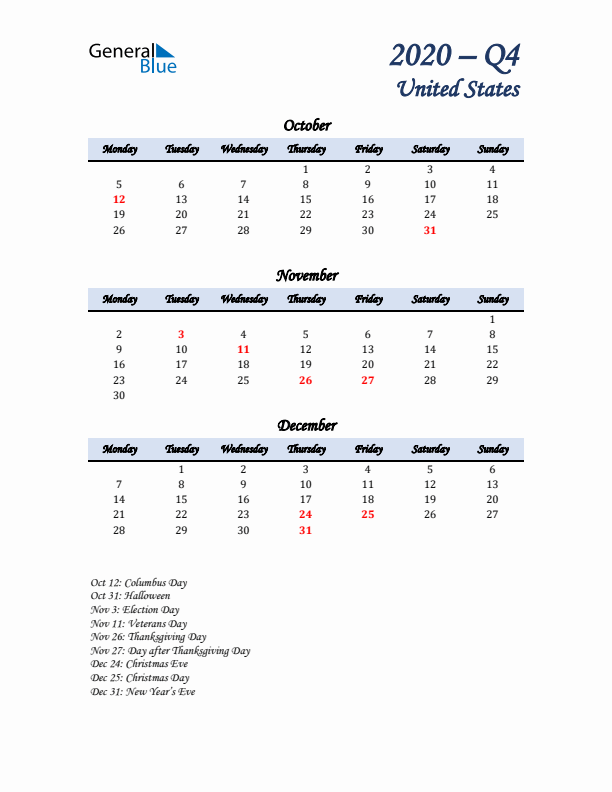 October, November, and December Calendar for United States with Monday Start