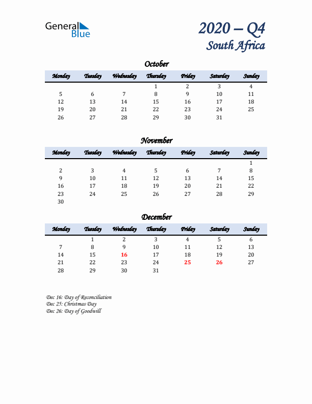 October, November, and December Calendar for South Africa with Monday Start