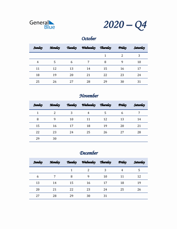 Sunday Start 2020 Quarterly Calendar