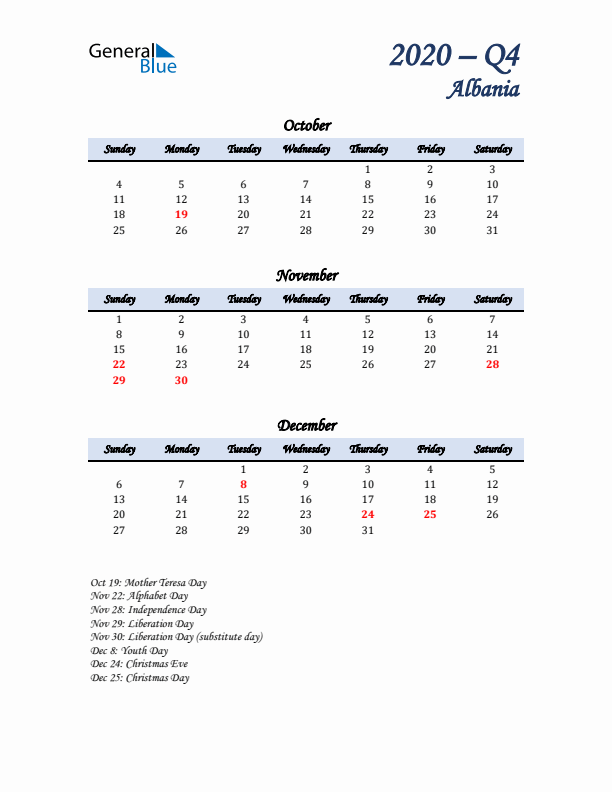 October, November, and December Calendar for Albania with Sunday Start