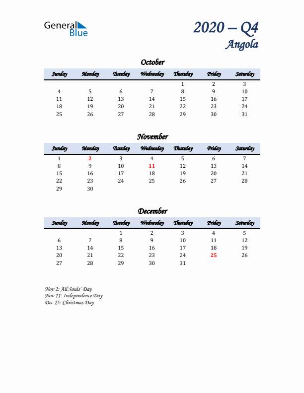 October, November, and December Calendar for Angola with Sunday Start