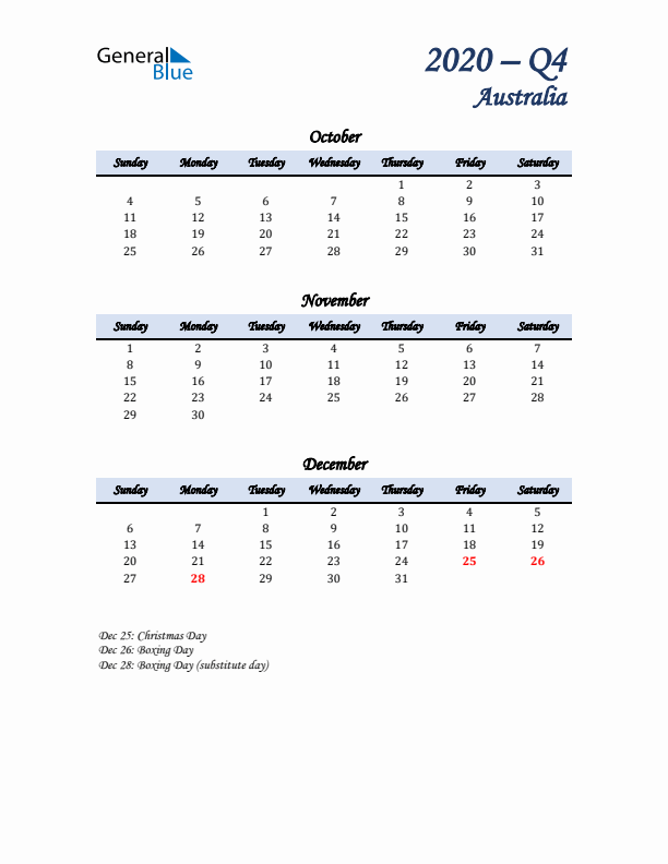 October, November, and December Calendar for Australia with Sunday Start