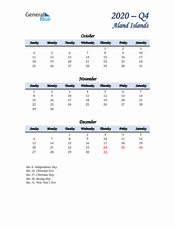 October, November, and December Calendar for Aland Islands with Sunday Start