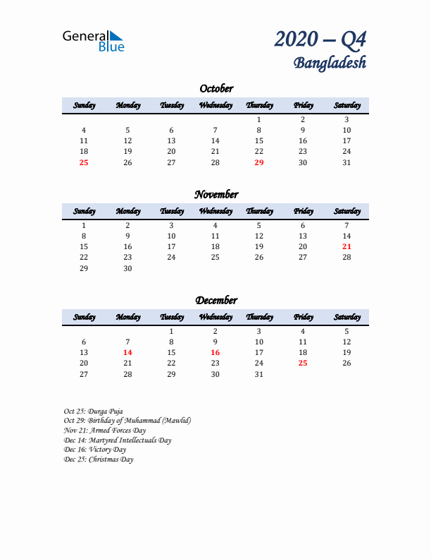 October, November, and December Calendar for Bangladesh with Sunday Start