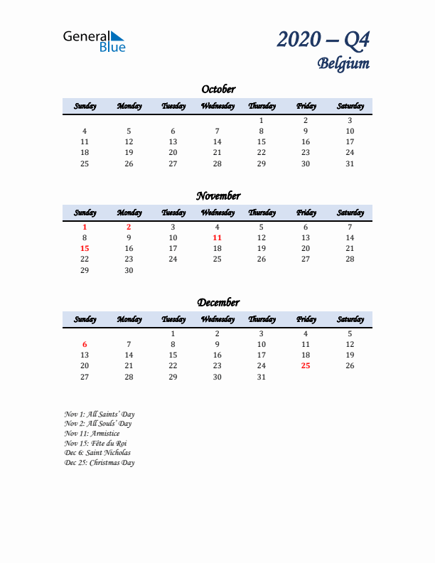 October, November, and December Calendar for Belgium with Sunday Start