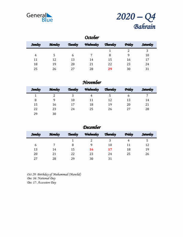 October, November, and December Calendar for Bahrain with Sunday Start