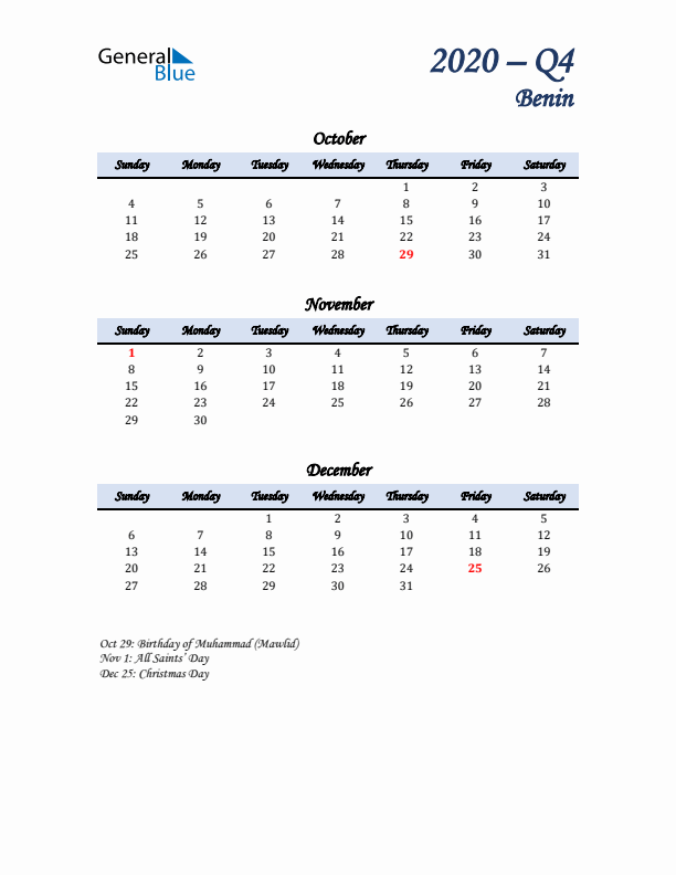 October, November, and December Calendar for Benin with Sunday Start