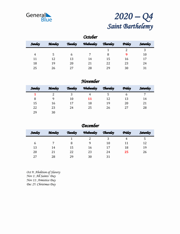 October, November, and December Calendar for Saint Barthelemy with Sunday Start